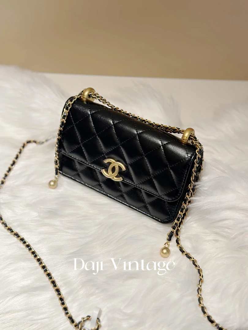 99新 Chanel/香奈儿 大吉中古/sh/黑金双金珠小woc斜挎包