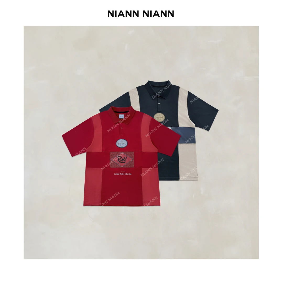 NiannNiann 新品女装美式运动全棉宽松POLO字母翻领大T 15054