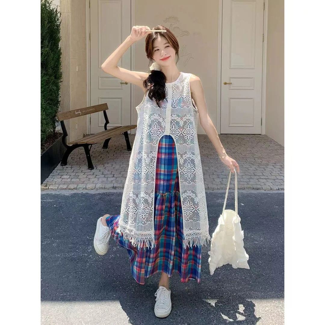 流苏蕾丝罩衫格子无袖背心连衣裙套装女夏2025新款甜美韩系两件套