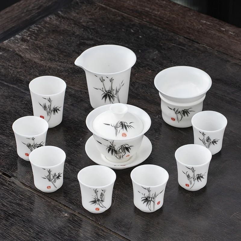 晟翔陶瓷茶具新款中式画风老师手绘中国白冰种玉瓷套装