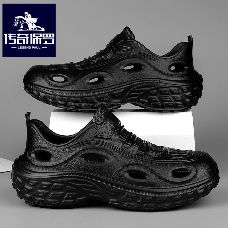 传奇保罗正版洞洞鞋男夏季纯黑色运动凉鞋男士户外涉水漂流沙滩鞋
