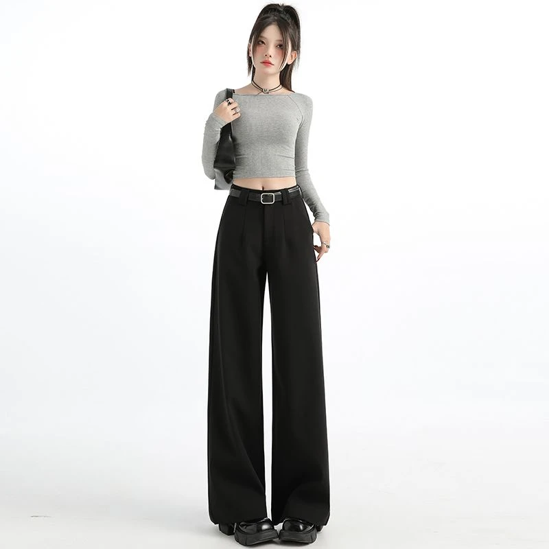 艾格黑色简约西装裤女2025夏季新款高腰时尚百搭设计感阔腿拖地裤