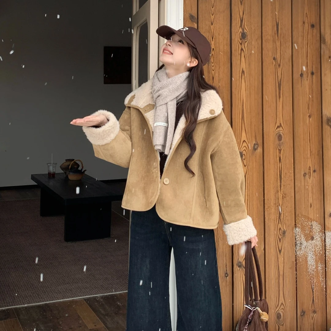 【清仓现货双面穿】加绒拼接可穿长袖短外套女冬季新款百搭显瘦上衣