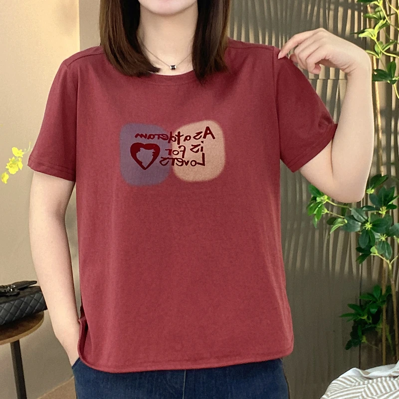 新款夏装女短袖棉质圆领T恤上衣休闲宽松印花薄款大码女装女式