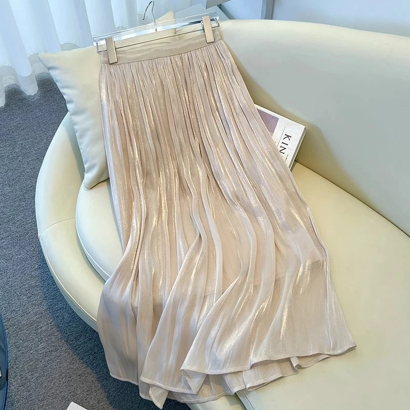 拉夏贝尔爆款琉璃纱半身裙女夏季新款中长今年流行a字香槟色裙子