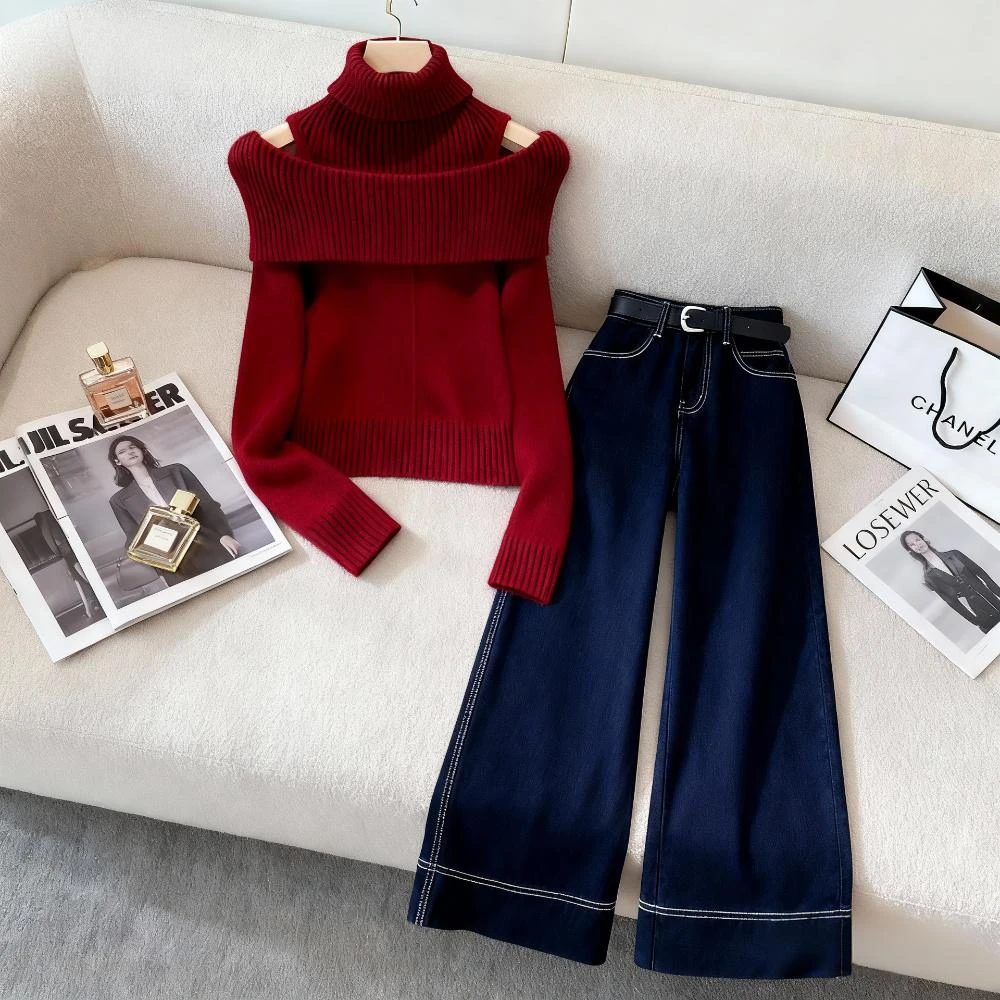 洋气简约轻奢韩系氛围感一整套穿搭冬新款红色减龄针织衫阔腿裤女