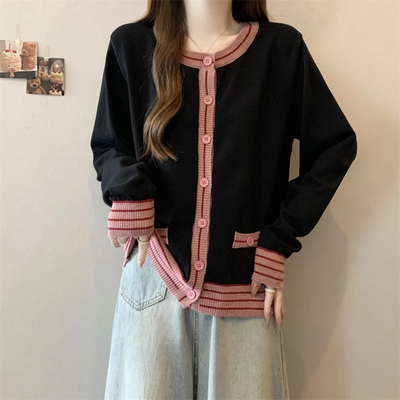 大码女装秋冬胖妹妹小香风上衣胖mm撞色红色百搭针织衫