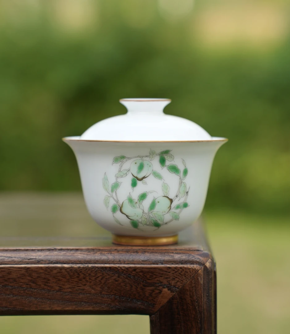 描金手绘团桃盖碗二才 景德镇纯手工高温瓷小清新泡茶碗