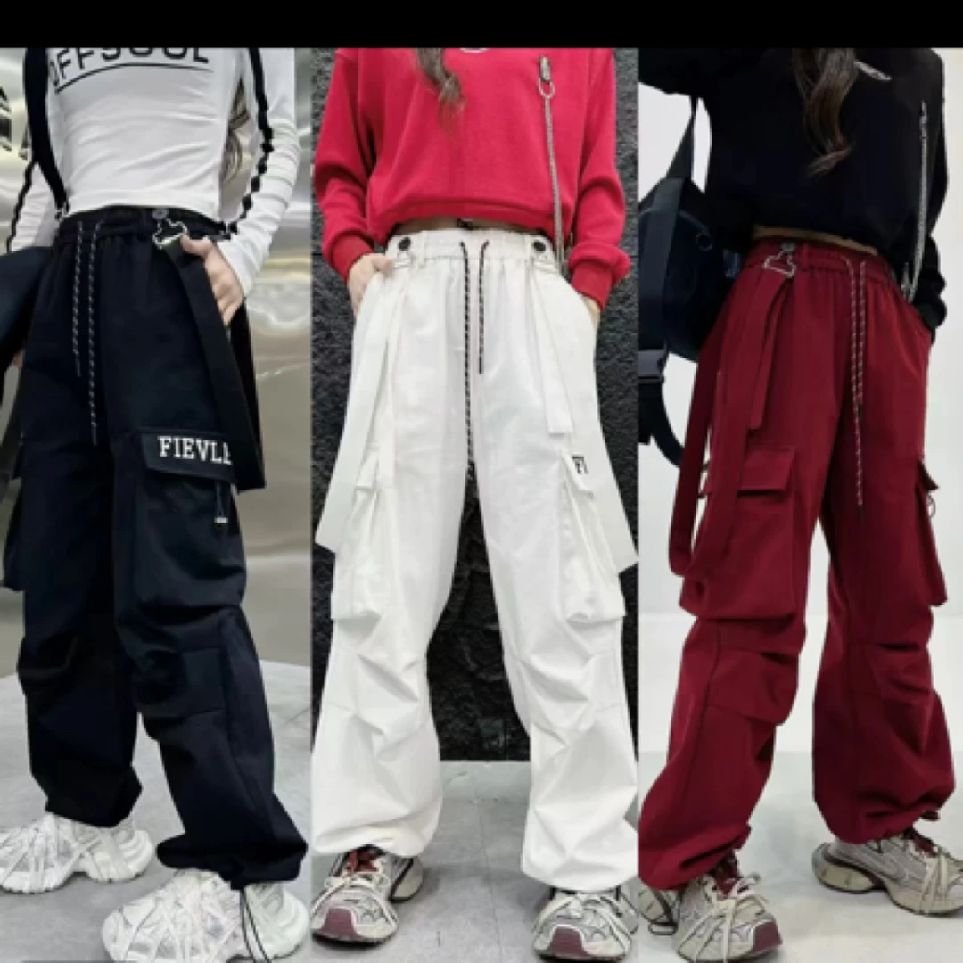 DL3366莼棉磨毛水洗棉三穿法飘带工装裤 百搭洋气运动休闲长裤