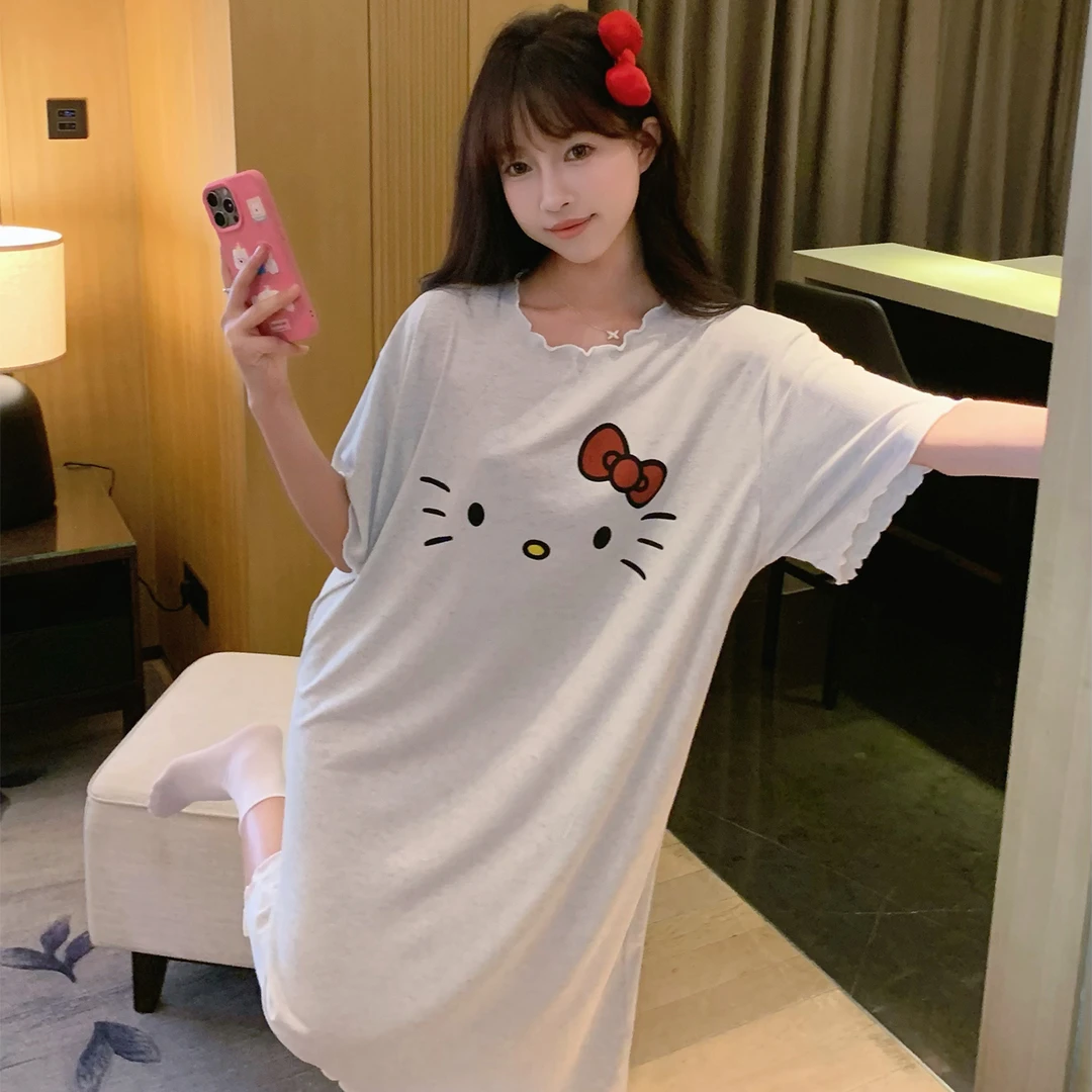 卡通夏季短袖韩版莫代尔女睡裙薄款中长款圆领印花时尚睡衣家居服