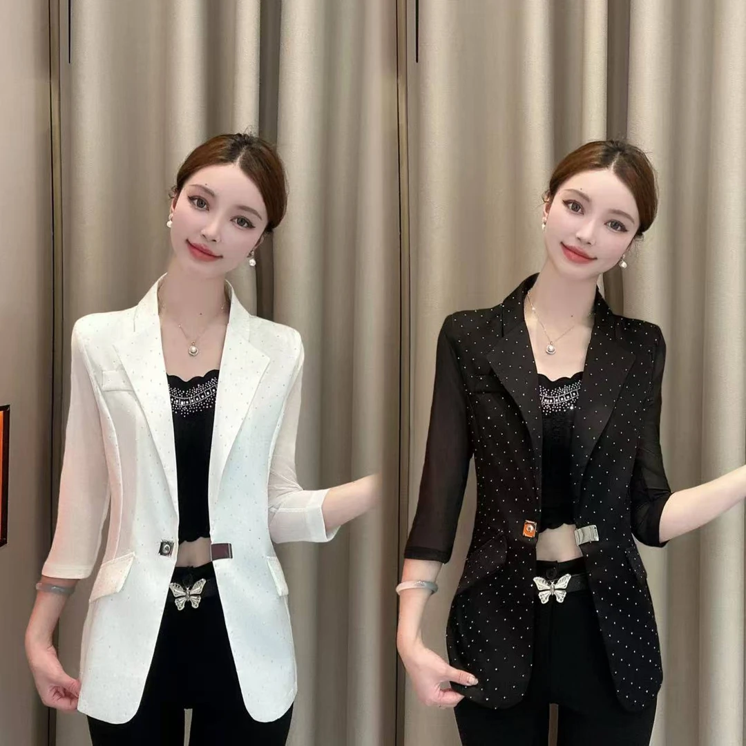 【闪闪人生】夏季亮钻网纱拼接薄款修身五分袖西装外套时尚百搭气质