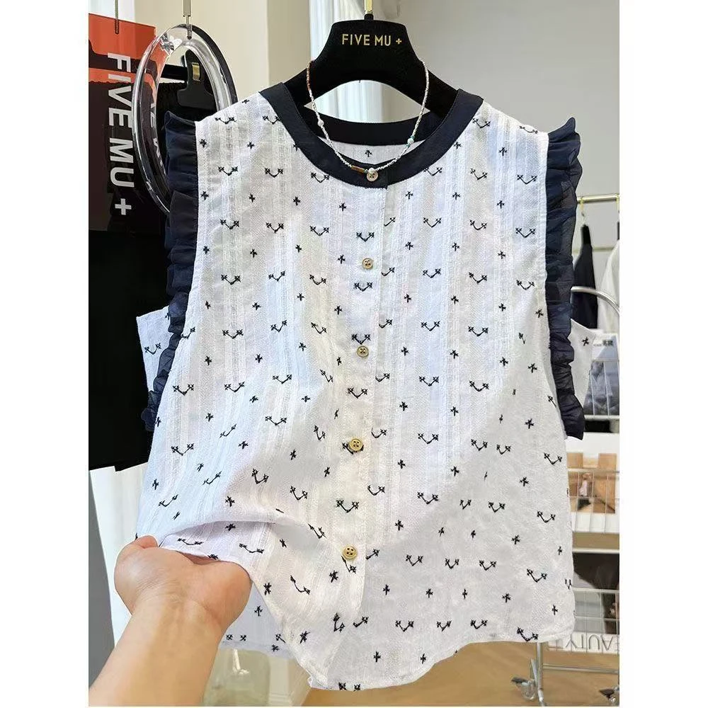 韩版时尚木耳边拼接刺绣无袖小衫2025夏季显瘦百搭洋气减龄衬衫1