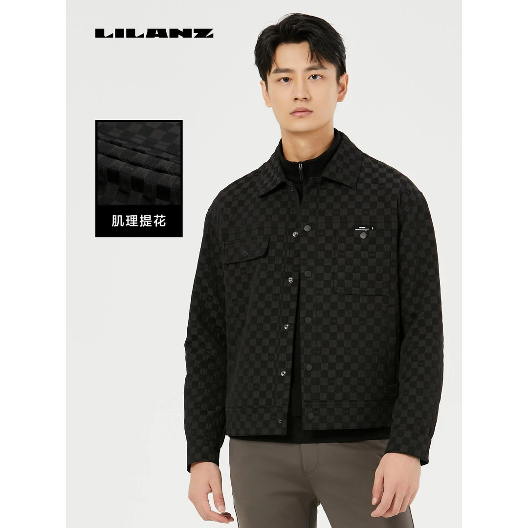 外套上衣翻领秋季户外男士舒适格纹夹克提花时尚工装秋冬经典长袖