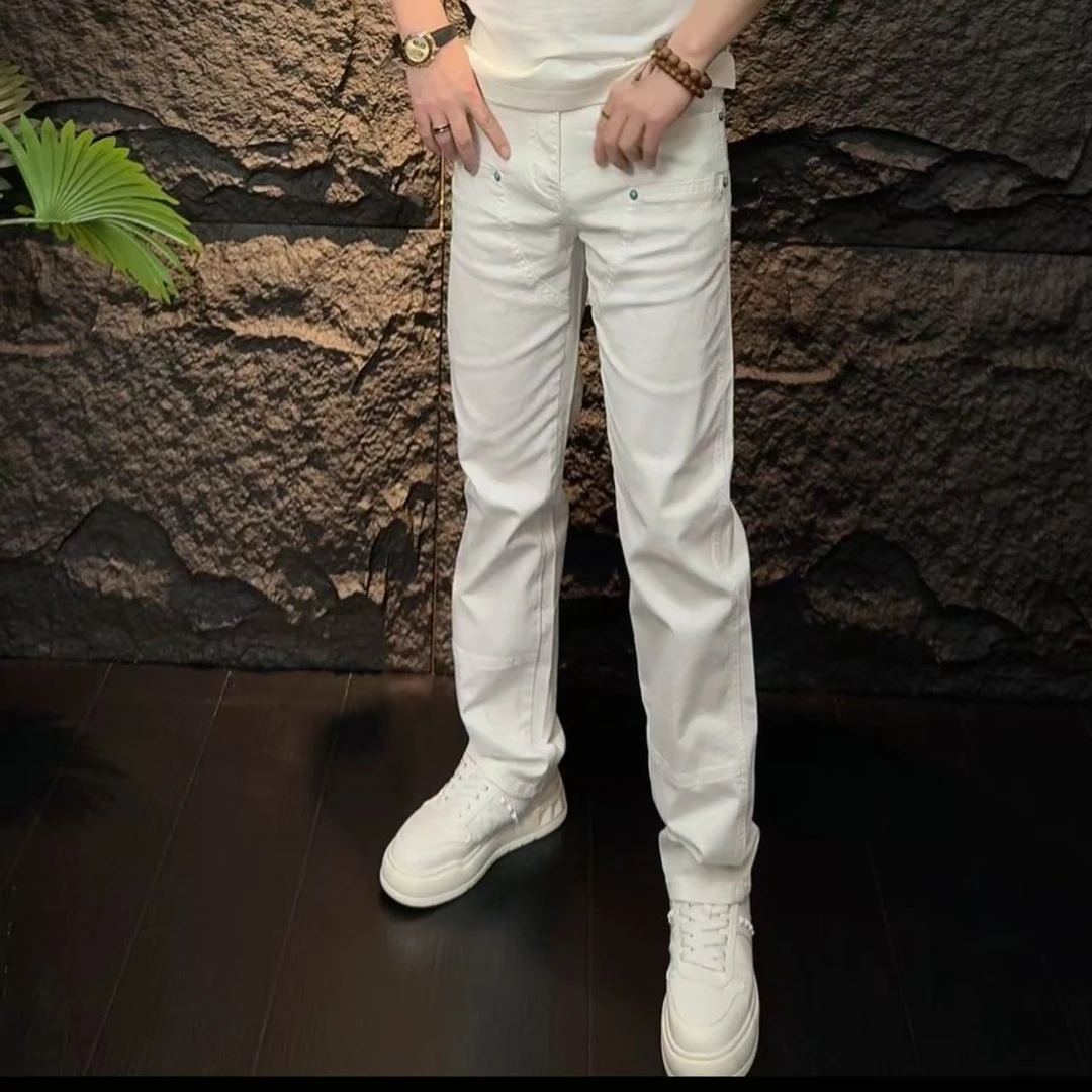 【轻奢】男士白色拼接直筒牛仔裤夏季薄款时尚百搭长裤