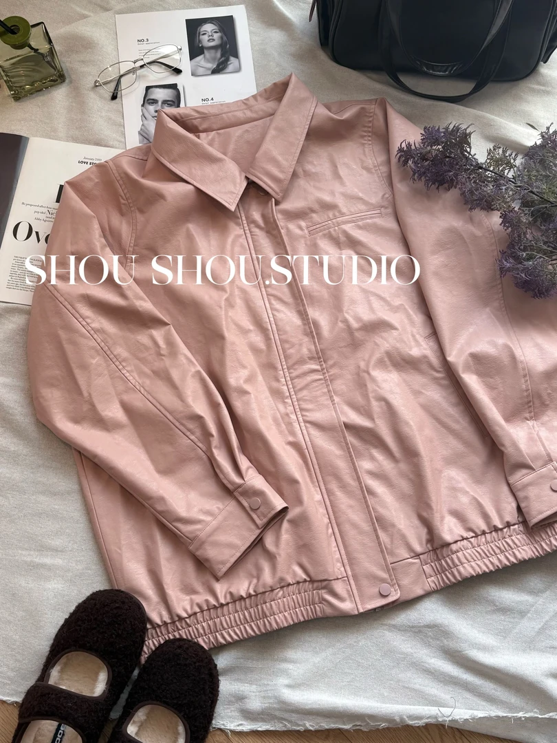 【瘦瘦】草莓奶酪-大码秋季翻领古革感显瘦夹克皮衣外套S02031
