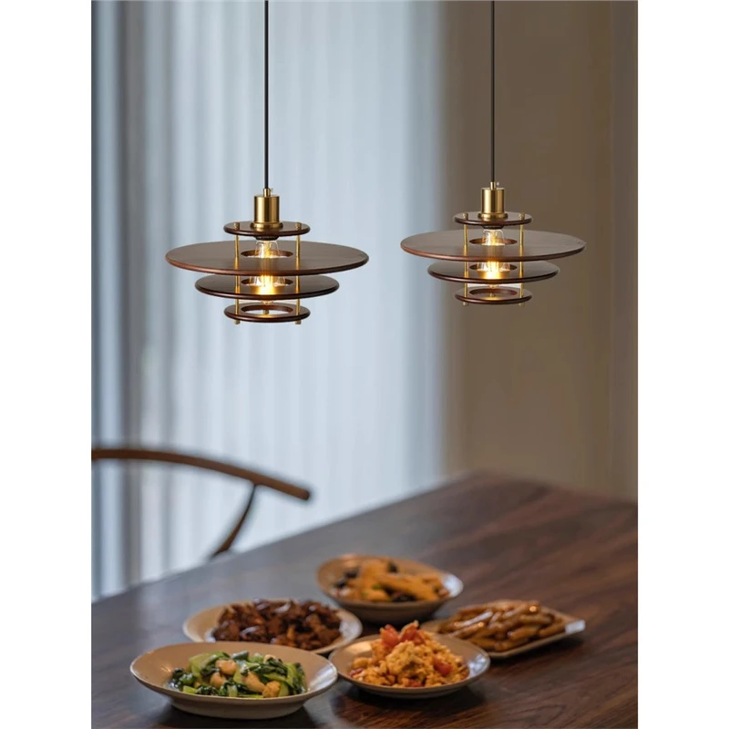 日式复古胡桃木色餐厅吊灯中古南洋风设计师实木餐桌吧台橱窗吊灯