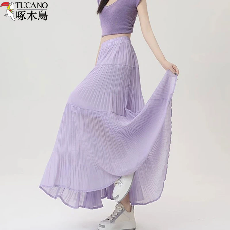 夏季纯色百褶裙半身裙纱裙休闲女装禅意仙气飘飘