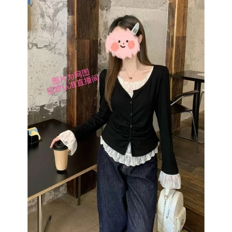 早秋新款韩系显瘦减龄百搭蕾丝花边假两件上衣YXX-99813