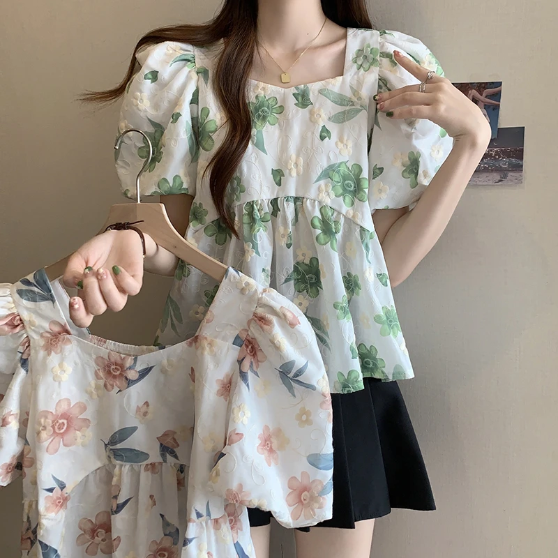 15076（28）夏装胖妹妹大码法式印花高级感泡泡短袖上衣衬衣小衫