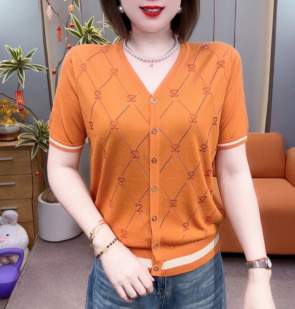 高档轻奢时尚镶钻天丝半袖开衫22287