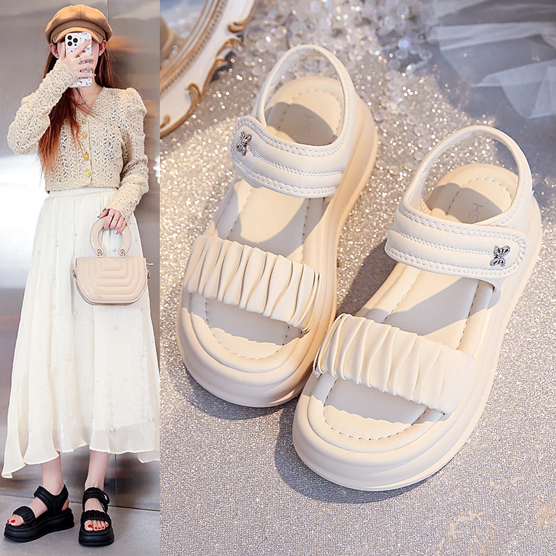 江心白凉鞋女款2025新款夏季外穿时尚厚底凉拖魔术贴防滑软底孕妇