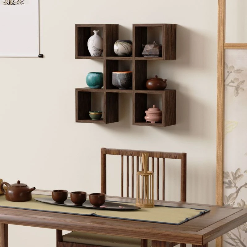 古典简约多层置物架小型茶具收纳架墙上挂新中式风格木质熏炭工艺