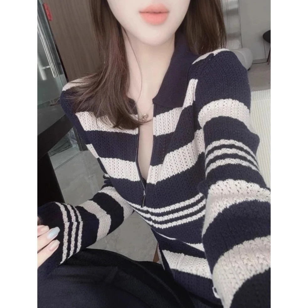 韩系复古镂空拉链条纹针织开衫女2025早秋新款polo领上衣毛衣外套