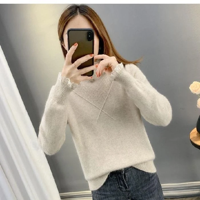 蕾丝边半高领毛衣女秋2025冬新款毛衫洋气时尚百搭针织内搭打底衫