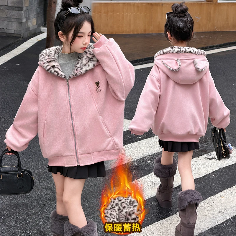 女童两面穿可爱兔耳冬季棉服2025新款儿童豹纹连帽加绒外套棉衣潮