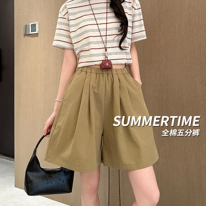 纯棉五分裤女2025夏季薄款高腰宽松显瘦小个子阔腿短裤休闲裤