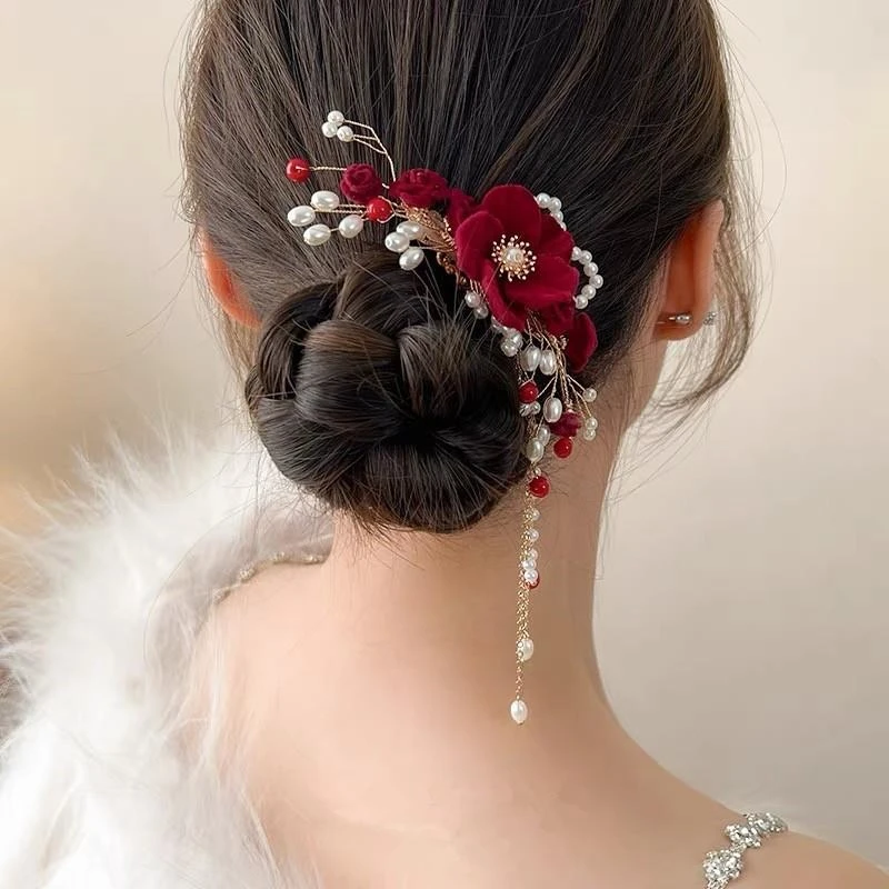 结婚喜婆婆盘头发饰婚宴喜庆气质红色玫瑰花发夹妈妈旗袍新娘发卡
