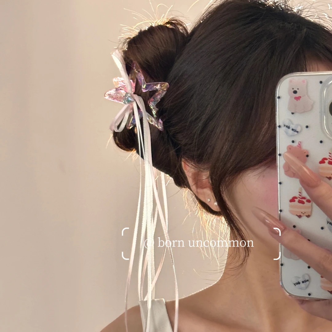 精致芭蕾风星星蝴蝶结飘带抓夹高级感后脑勺盘发鲨鱼夹甜美发饰女