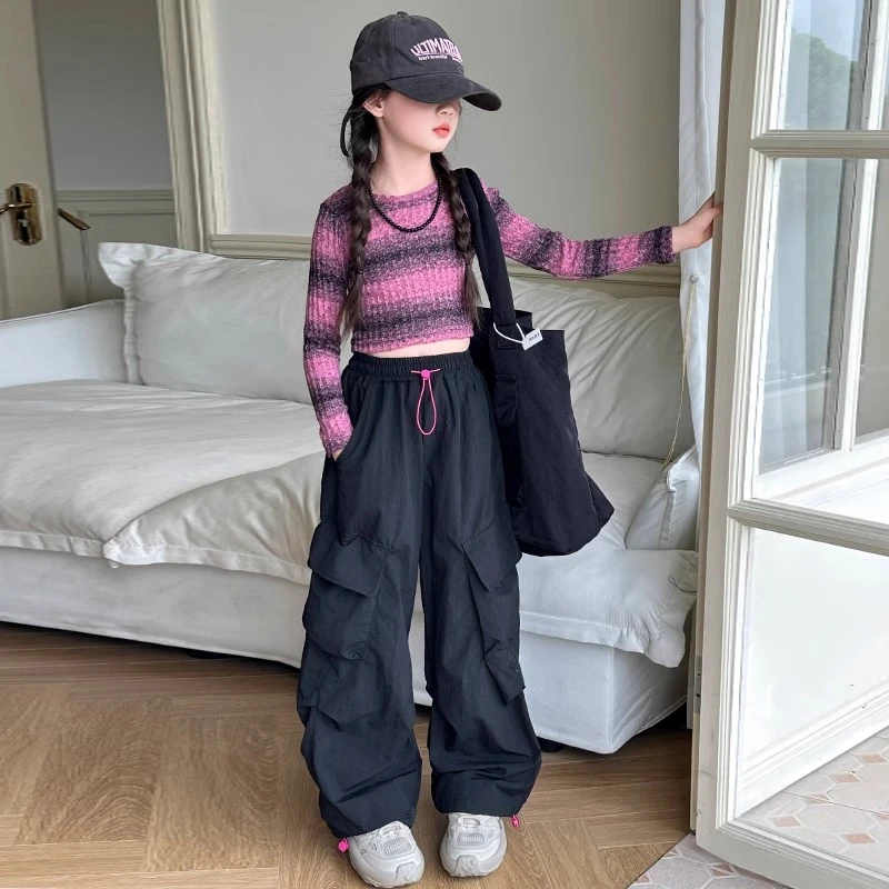 女童工装裤春装2025新款潮酷穿搭儿童阔腿裤女孩大童春季裤子套装