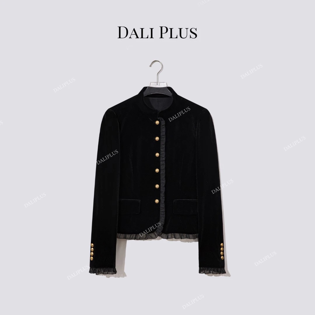 DALI PLUS“100真丝黑金丝绒外套”编织纽扣花边长袖外套-D5ST1322