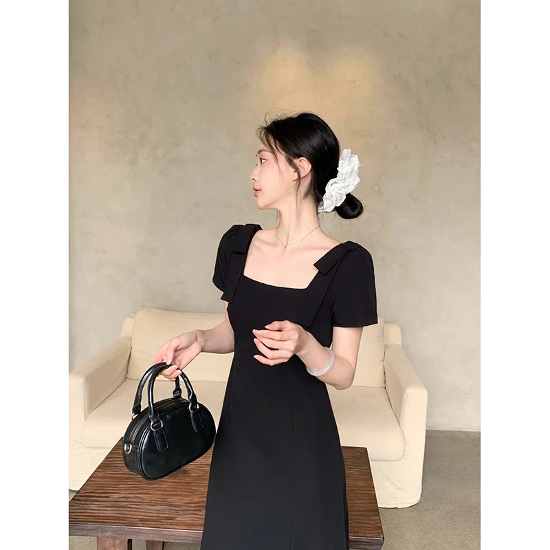 大码法式短袖方领连衣裙女夏季蝴蝶结小黑裙胖MM遮肚显瘦新款裙子