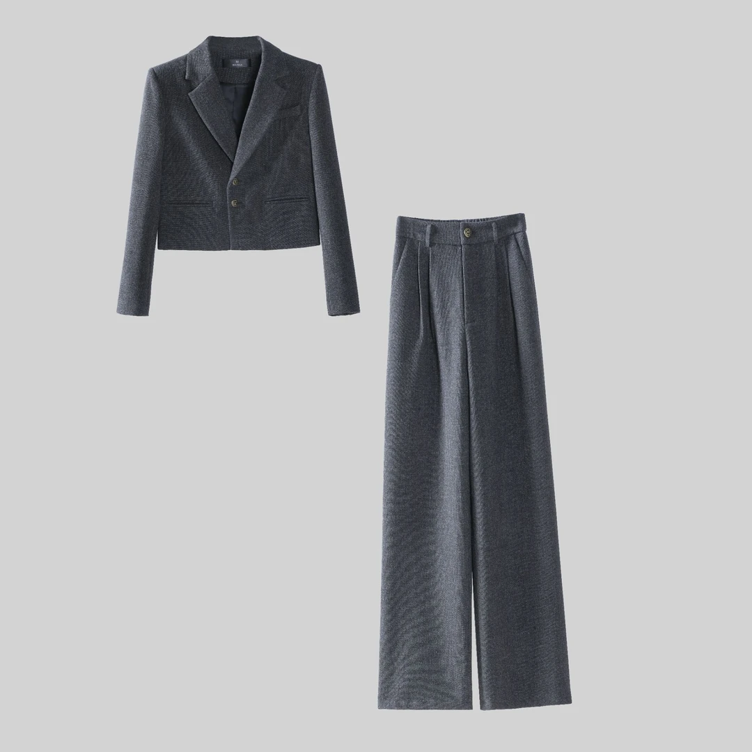 〈纪朵研〉1529短款灰色复古小香风网红上衣秋季气质时尚套装