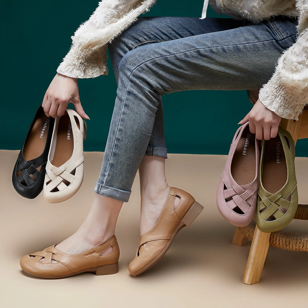 382头层牛皮单鞋女夏季方根镂空软底软面舒适透气百搭妈妈鞋