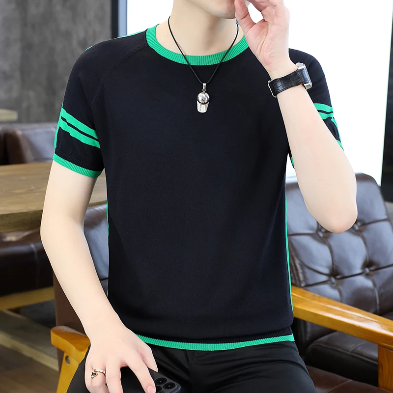 高档拼色冰麻针织短袖T恤男士夏季时尚潮流半袖体恤轻奢男装M310