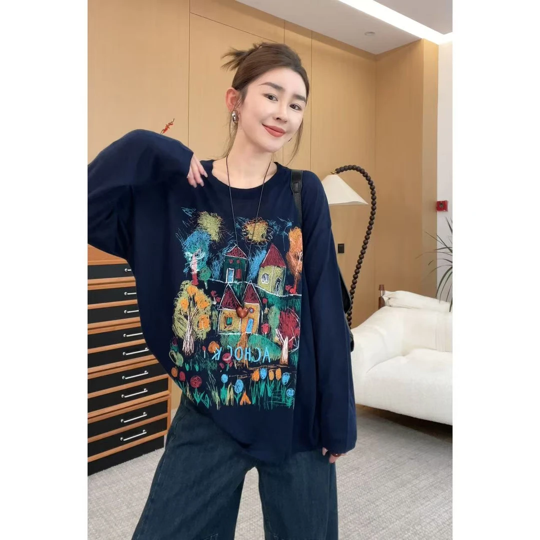 玖了个玖 2025新款【秋天的画】彩色涂鸦百搭长袖T恤 2508C5030
