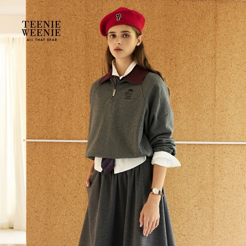 TeenieWeenie小熊女装卫衣25冬新半拉链撞色翻领上衣TTMA258TCEA