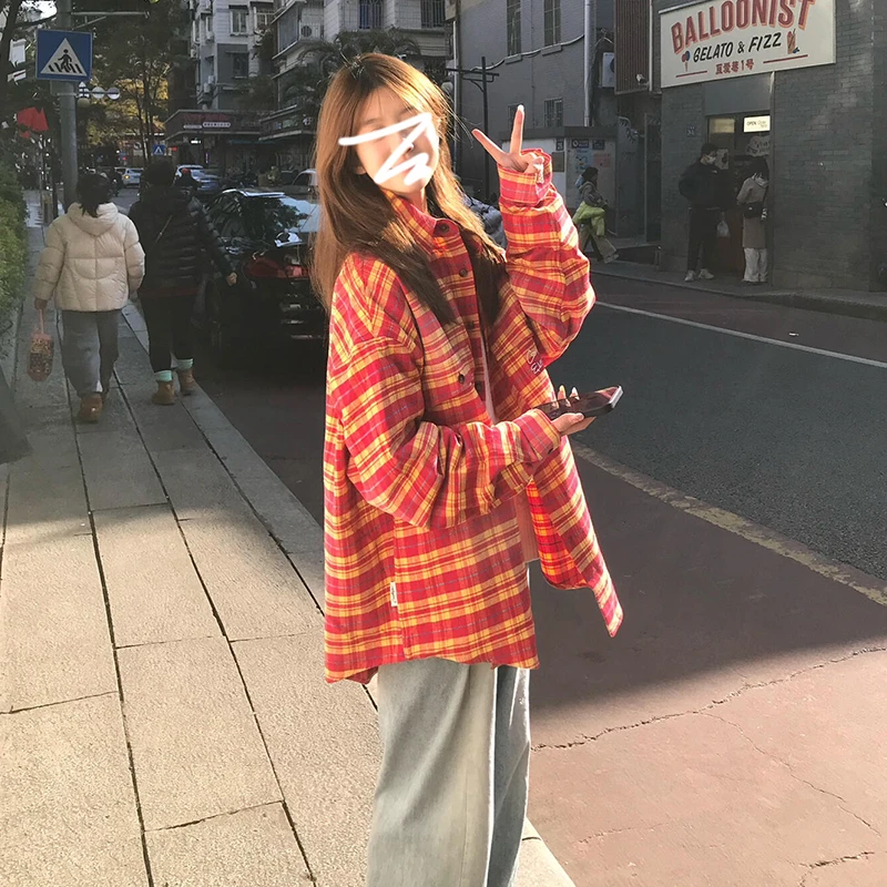 美式复古红色格子长袖衬衫女2025秋季上衣小个子慵懒风外套0870