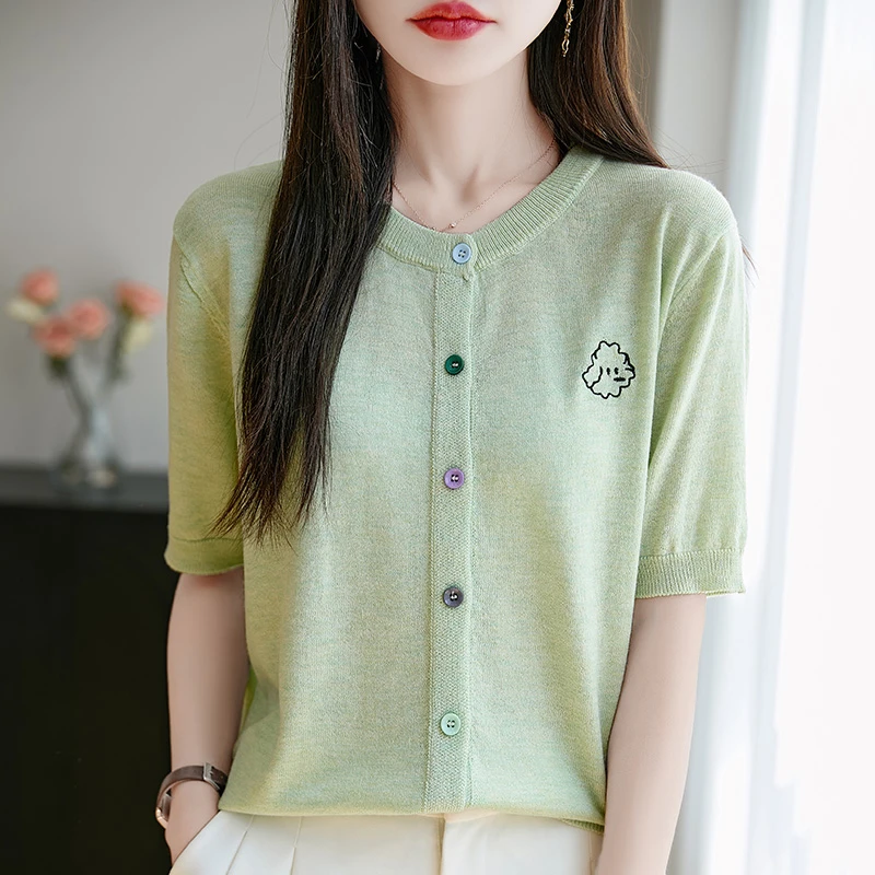 夏季简约针织短袖气质百搭薄款显瘦短袖开衫高端刺绣宽松开衫圆领