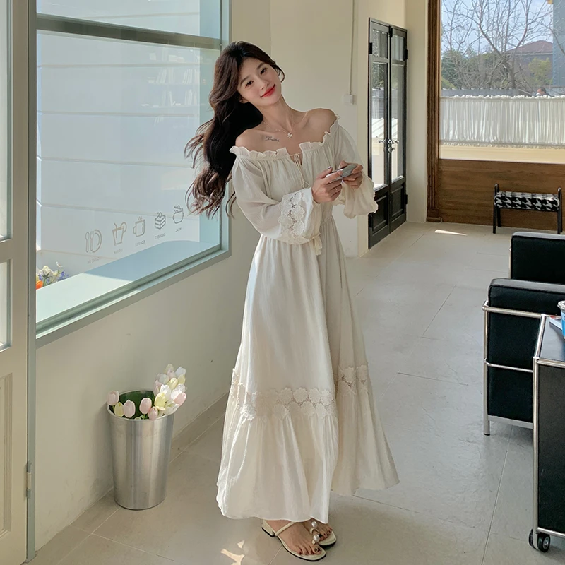 米白色超仙别致浪漫法式长裙夏季新款温柔甜美度假风气质连衣裙女