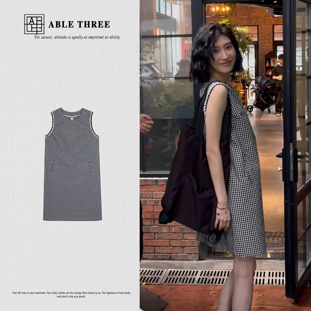 ABLE THREE【格调时光】圆领格子复古时尚显瘦连衣裙FD-SS9041