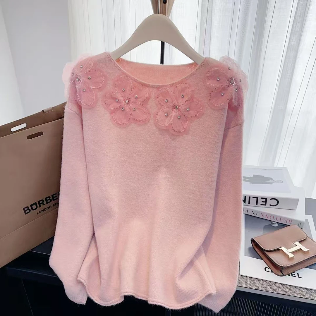超好看圆领正肩毛衣女2025秋冬装大码胖mm烫钻立体花朵针织衫上衣