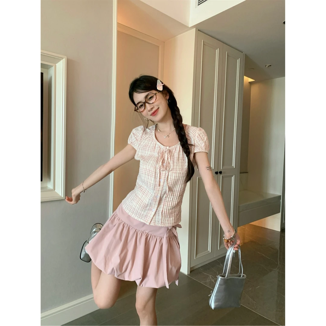 2025夏季新款显瘦时尚泡泡袖蝴蝶结格子衬衫蝴蝶结半身裙女两件套