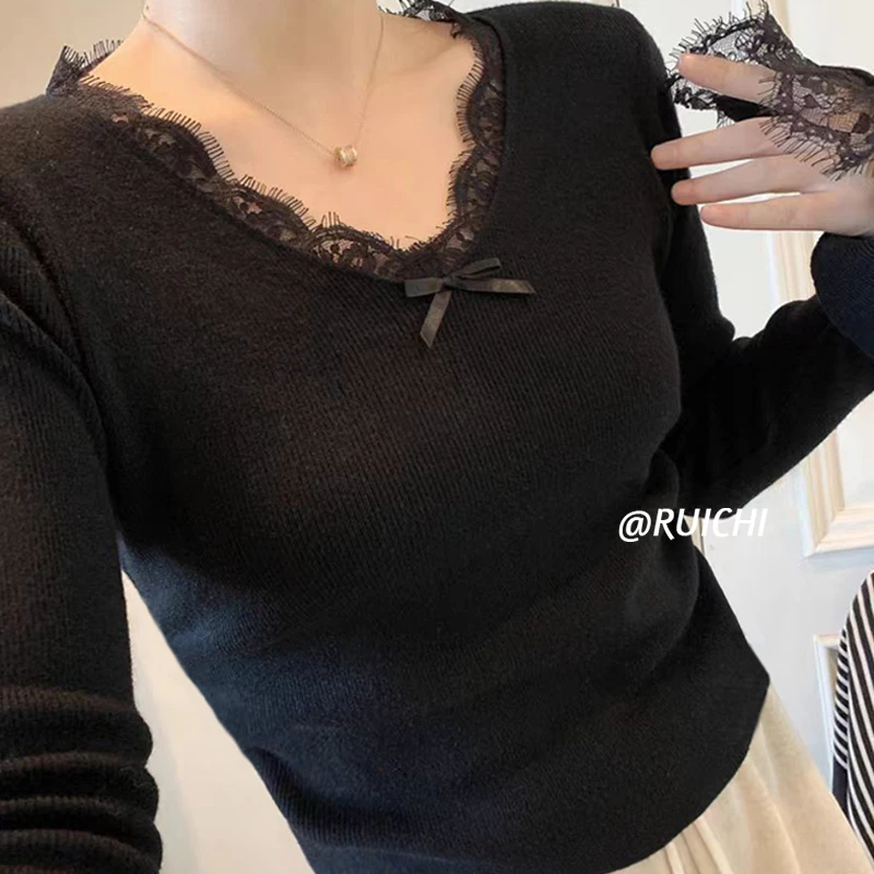 甜美韩系2025春季新款蝴蝶结V领蕾丝拼接修身显瘦针织衫长袖上衣