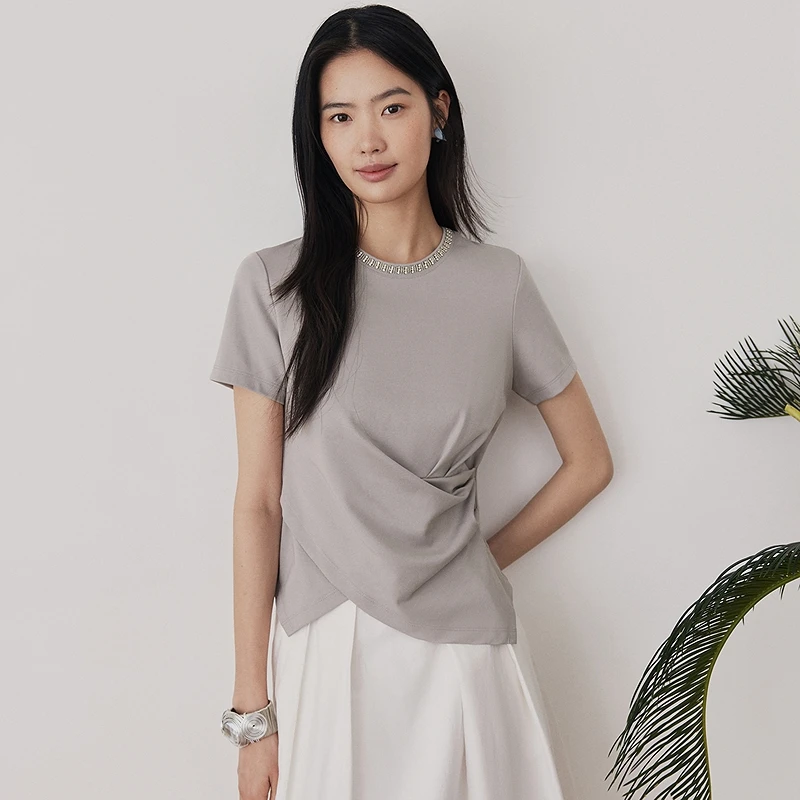 【晨粉专享价】【瘦瘦衫】FS圆领褶皱收腰珠钻5380A