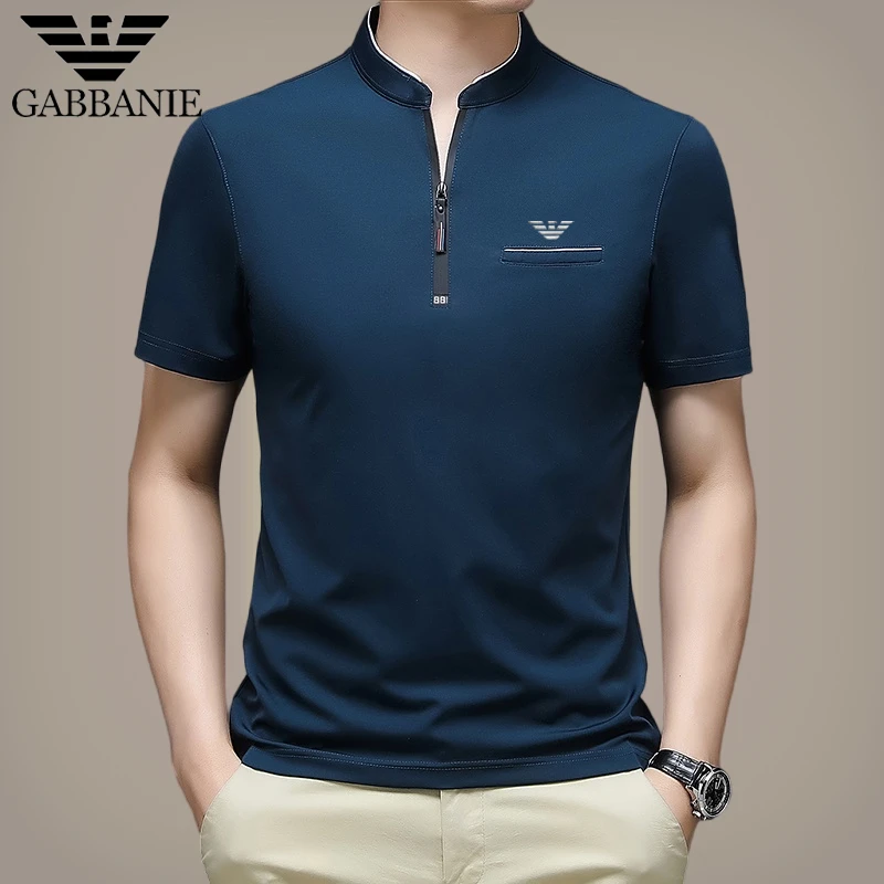 意大利品牌正品冰丝短袖T恤男士夏季拉链立领刺绣百搭透气POLO衫