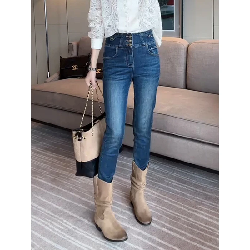早秋新款窄版气质牛仔裤女小个子简约显瘦时髦百搭弹力九分铅笔裤